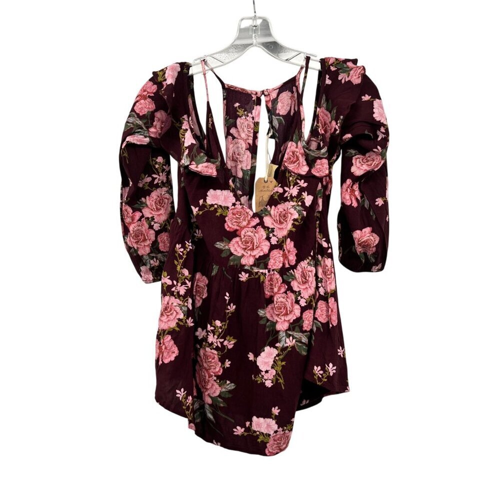 American Eagle Floral Cold Shoulder Top Ruffle Maroon/Multi Size Small New